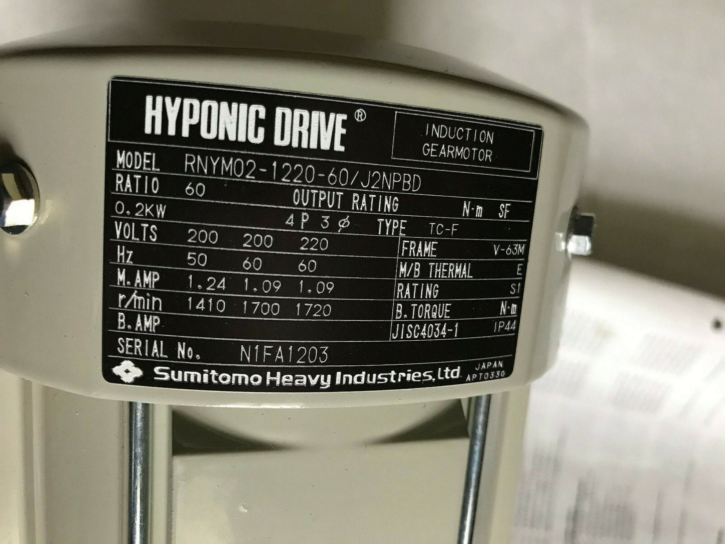 New Sumitomo Rnym02-1220-60/J2npbd Hyponic Drive Induction Gearmotor,Sf