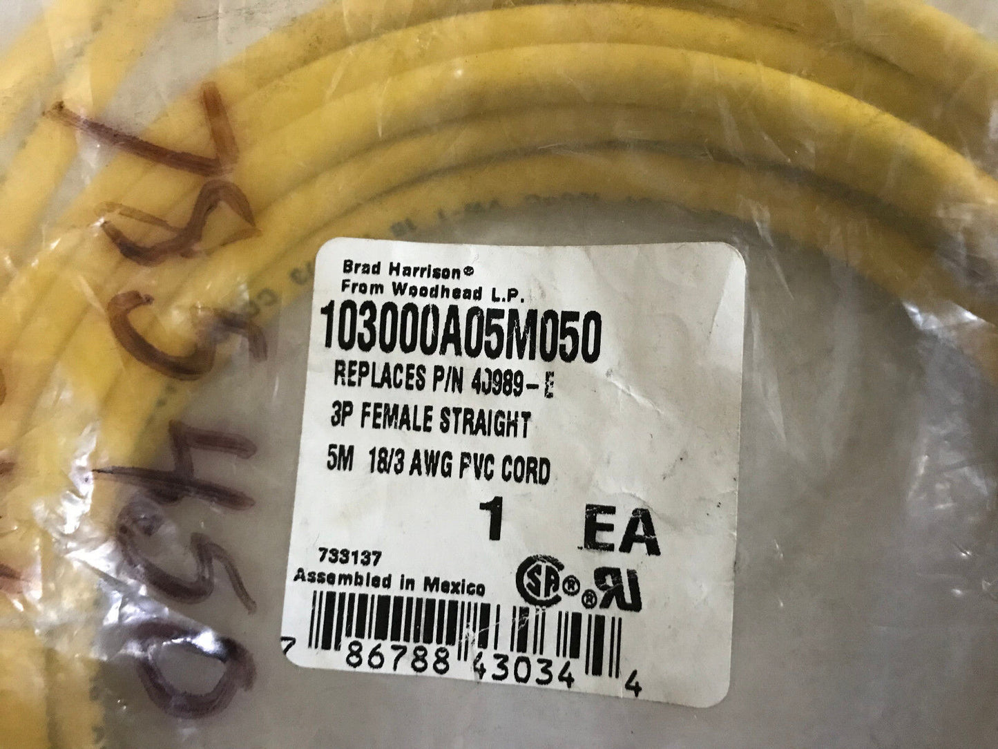 Brad Harrison 103000A05m050 Woodhead Proximity Switch Cable 103000A05m050 5M,Eo