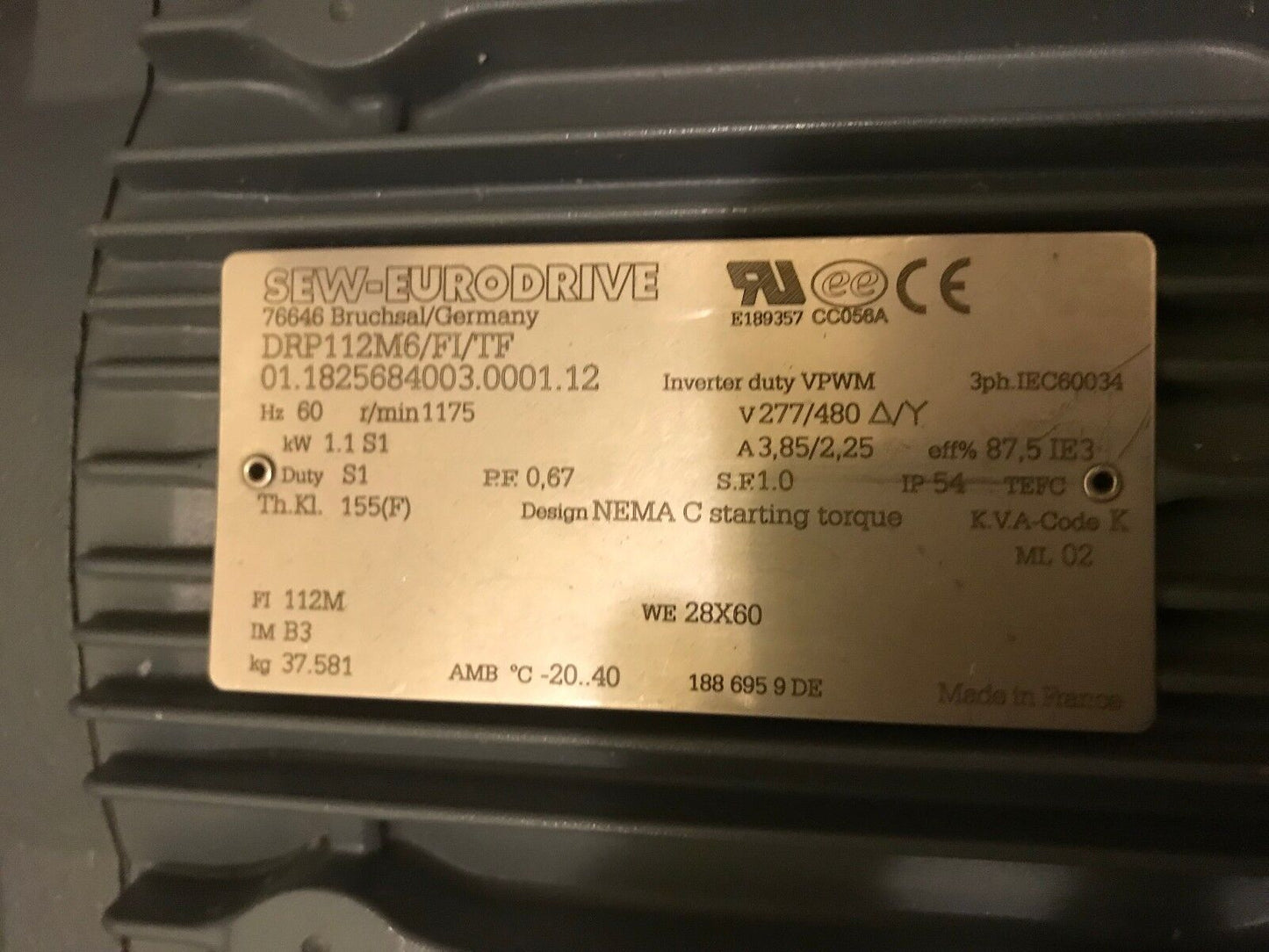 Sew Eurodrive Drp112m6/Fi/Tf,Drp112m6/F1/Tf Motor 1175Rpm 480V,Tn