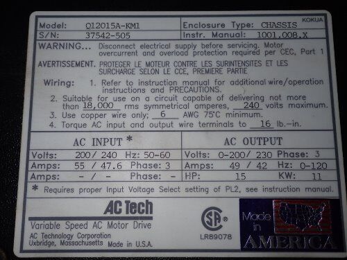 Ac Tech Q12015a-Km1 Variable Speed Ac Drive, 15 Hp, 3-Phase, 200/240 V,Ei,Ez