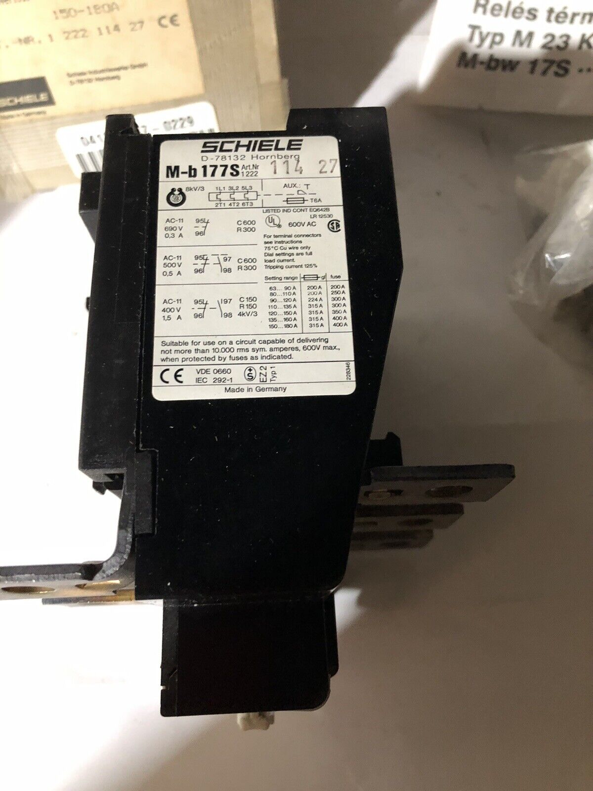 Schiele M-B177s Thermal Overload Relay,150-180 Amps,1222 114 27 D-78132 315A,To