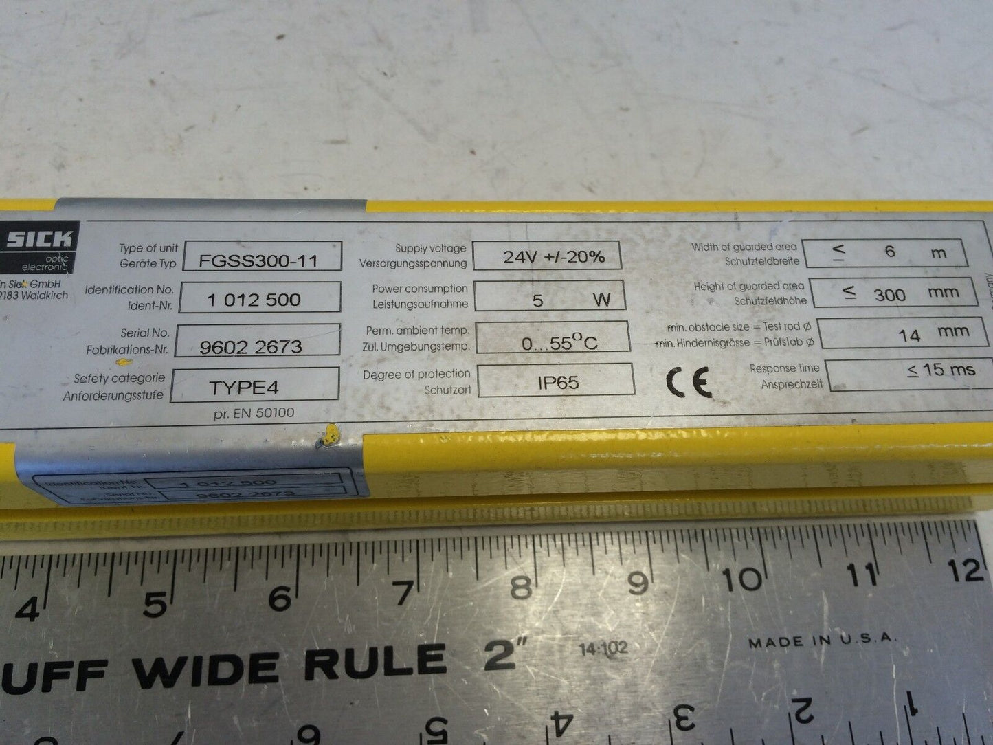 Sick Fgss300-11, 1 012500 Maihak Light Curtain Sender 24V +/-20% 4W,Bw