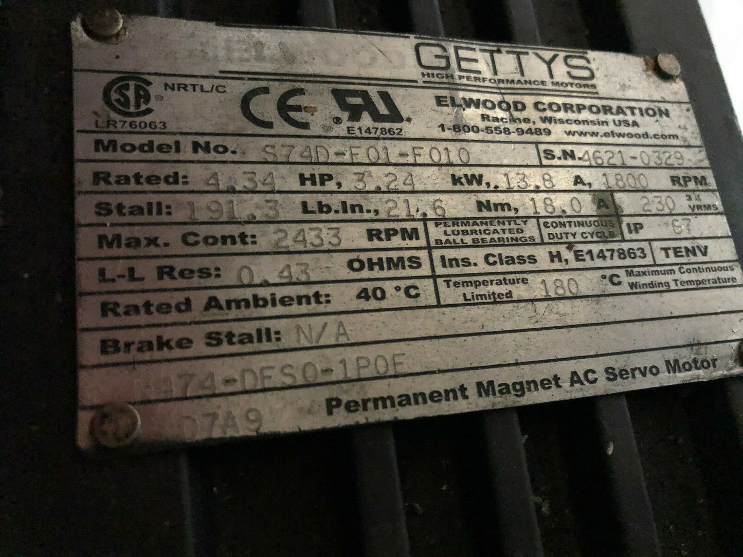 Elwood Gettys S74d-F01-F010 Ac Servo Motor,13.8A,230Vac,1800-Rpm,S74o-F01f010,Te