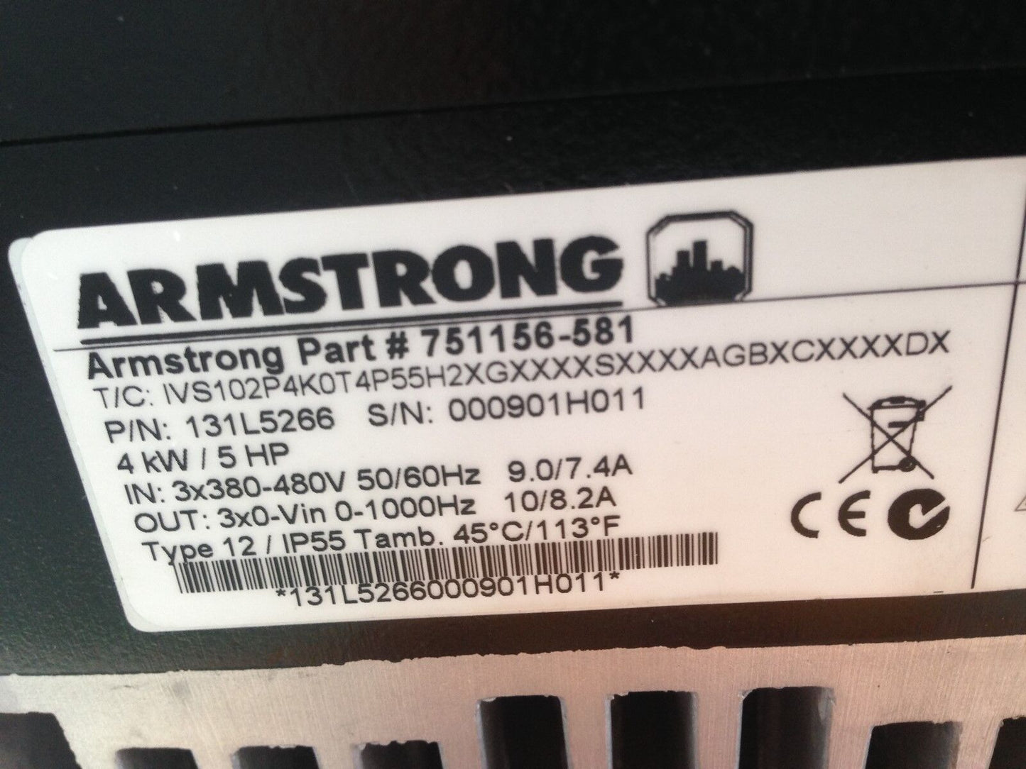 Armstrong 131L5266,Ivs,Ivs102pk0t4p55h Variable Ac Drive,751156-581,4Kw/5Hp,Fe