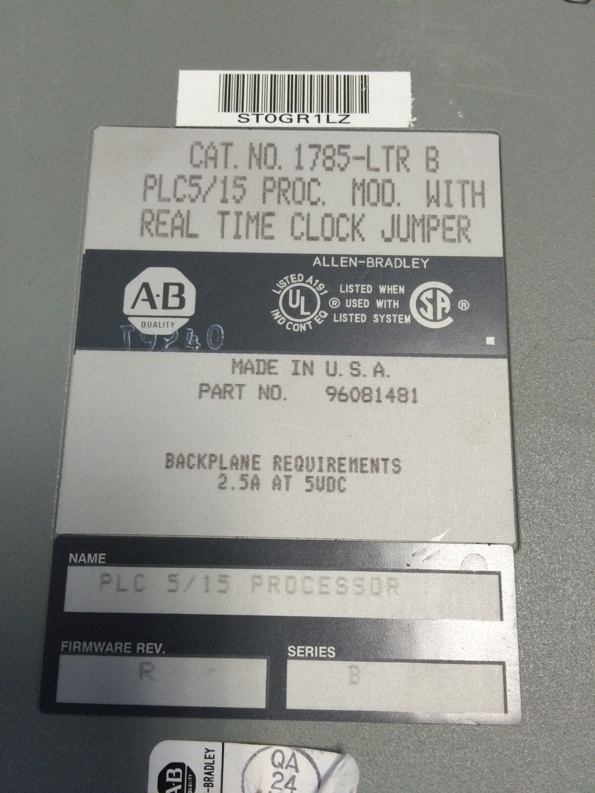 Allen Bradley Processor Plc-5/15 W/Time Clock Jumper 1785-Ltr B,96081481,Bv