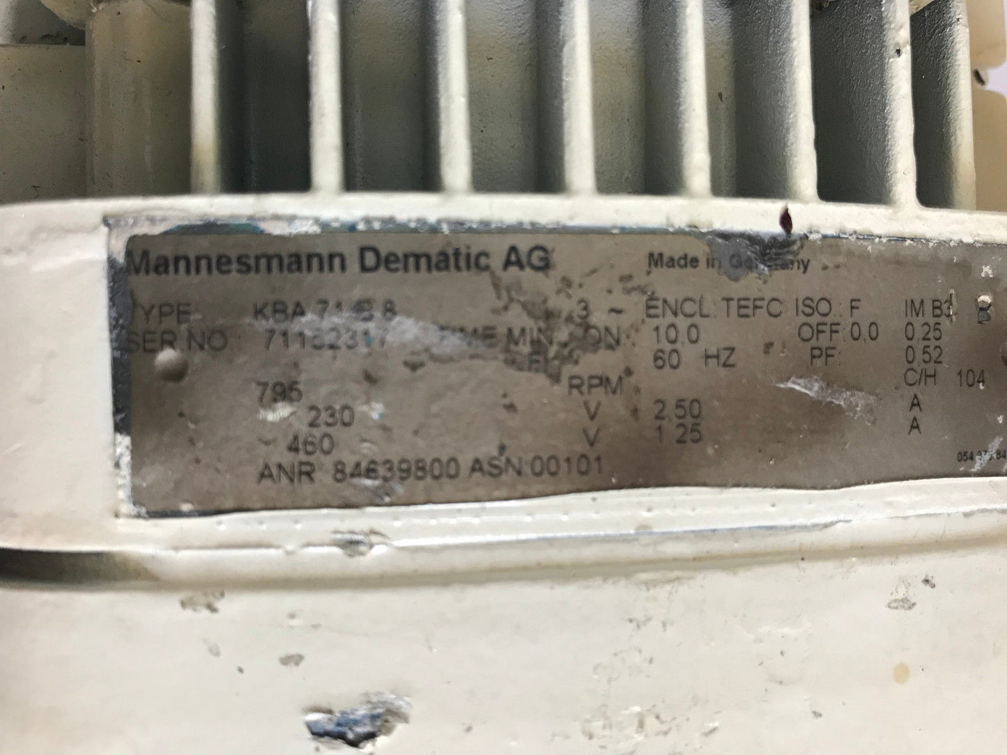 Mannesmann Dematic Ag Kba71b8 Demag Ac Motor,230/460 Vac,1/4 Hp,3Ph,795 Rpm,Ah