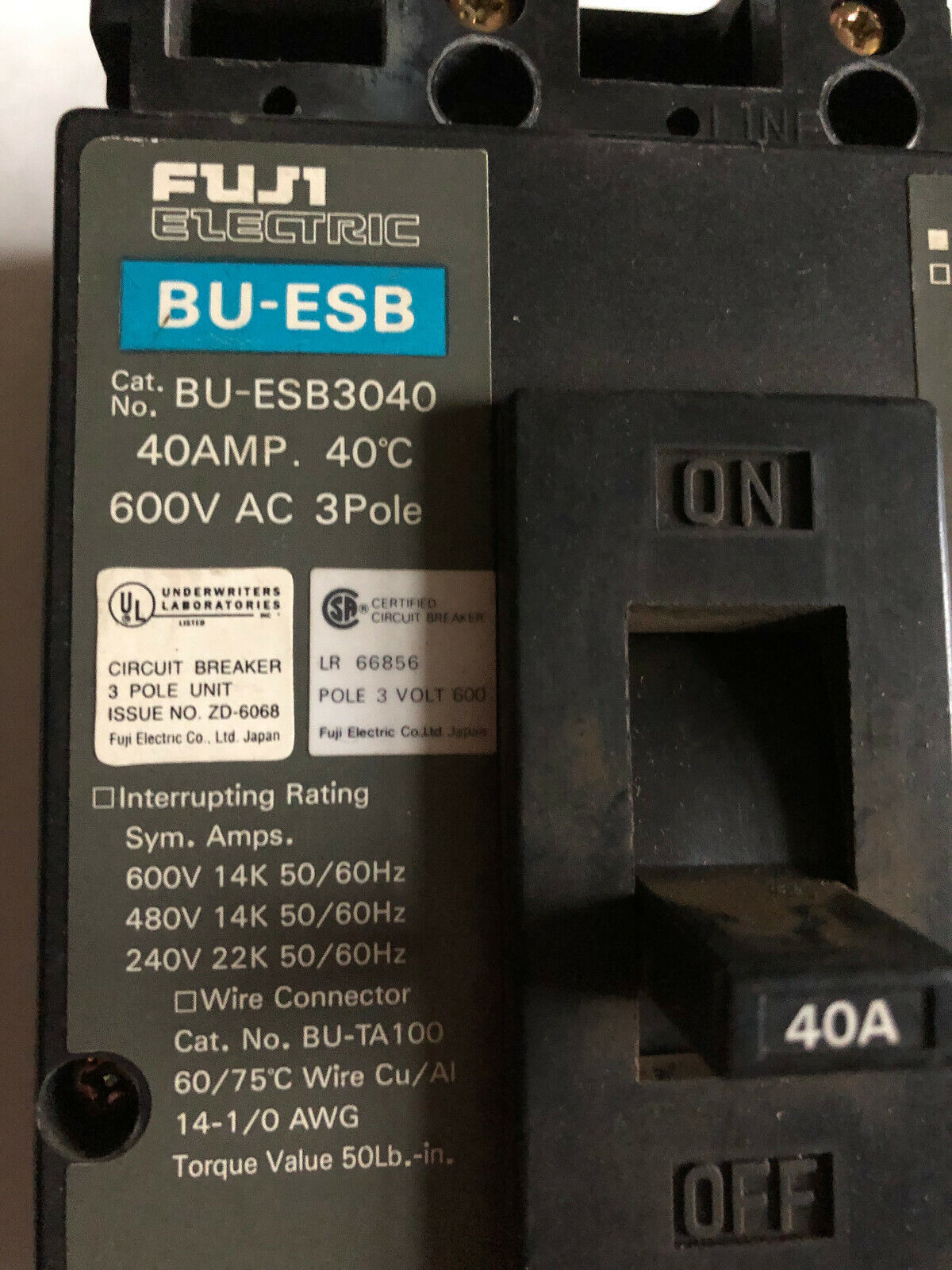 Fuji Electric Bu-Esb Circuit Breaker, Bu-Esb3040, 40 Amp, 600V Ac, 3 P,Di