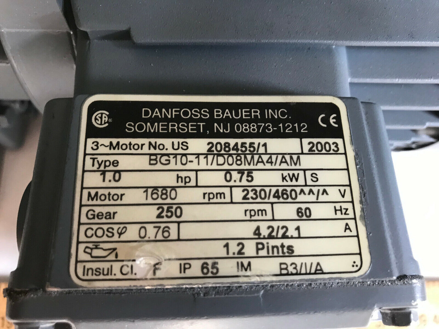 New Danfoss Bauer Bg10-11/D08ma4/Am 3Phase Motor,1Hp,1680Rpm,Bg 10-02-Al-1,Th