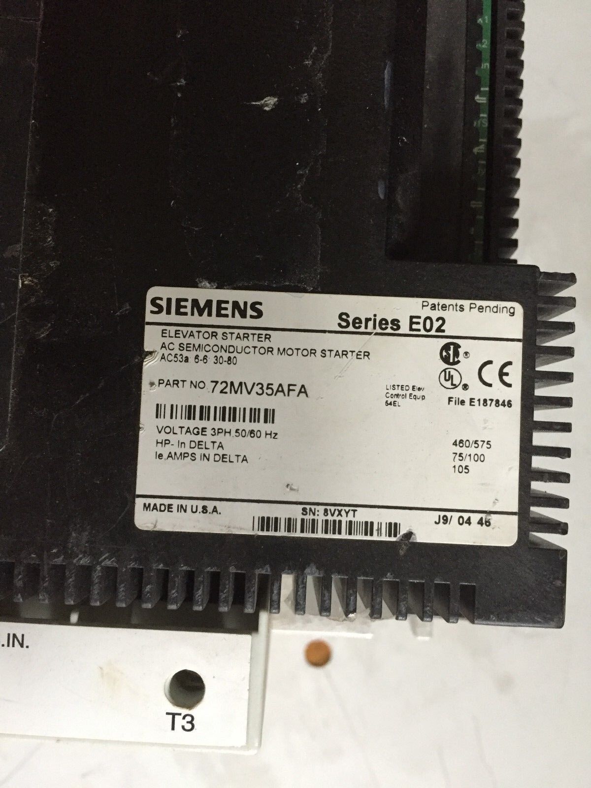 Siemens 72Mv35afa Solid Elevator Starter E02,3Ph 460/575V 75/100Hp 105Amp,Ag