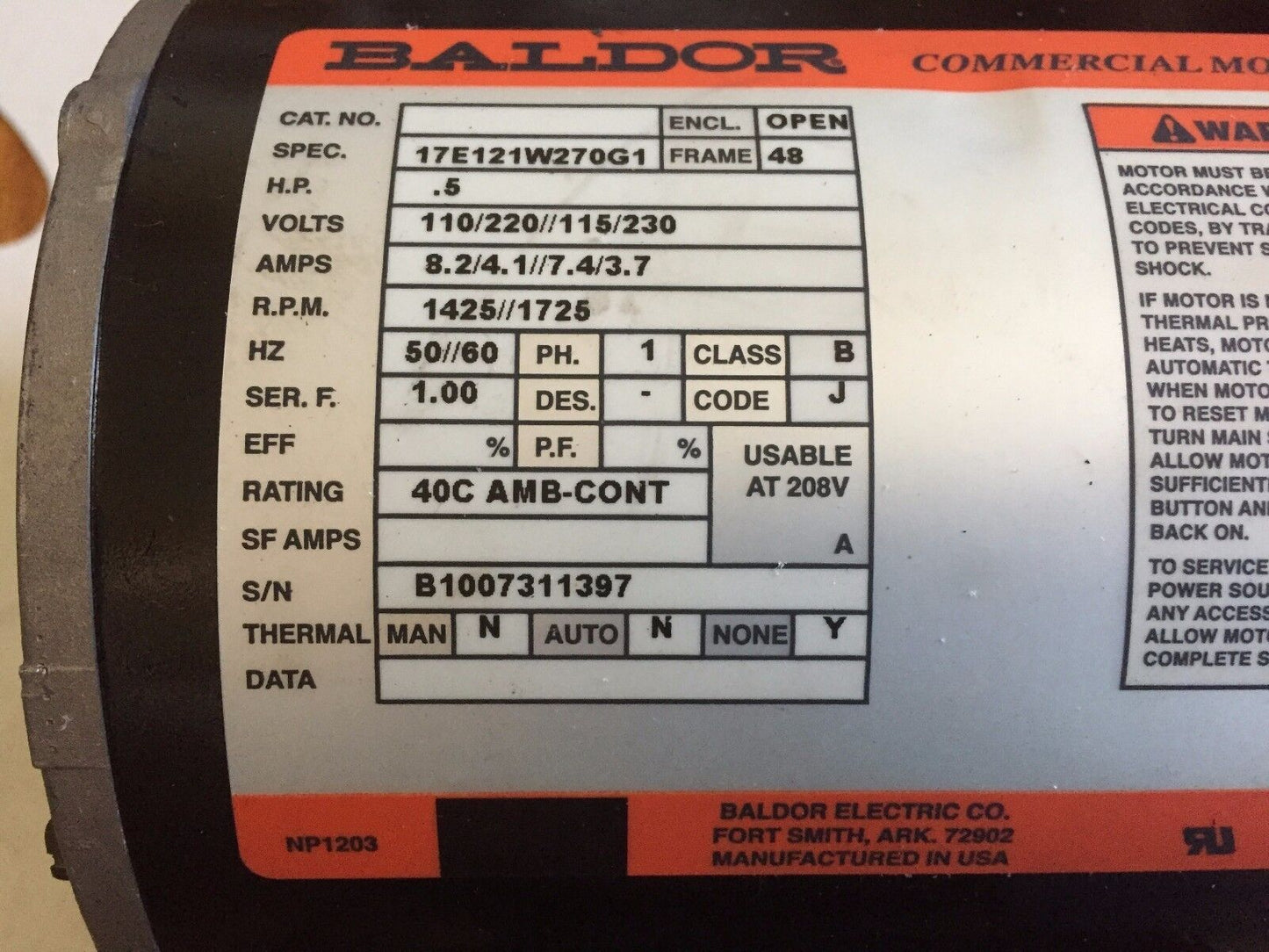 Baldor 17E121w270g1 Commercial Motor,.5Hp,110/ 230V,Frame 48,1425 Rpm,8.2Ams,Bx