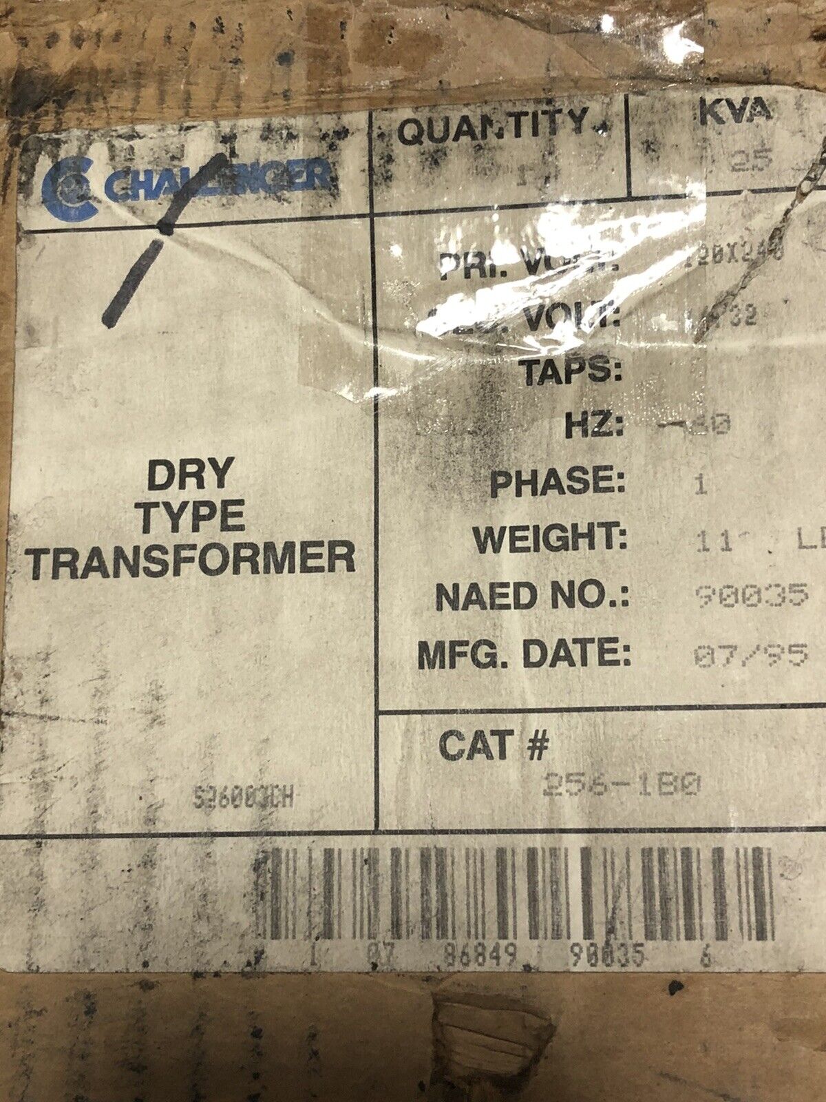New 256-1B0 Challenger Transformer 1Ph 120/240V 60Hz .25Kva,S26003ch,120X240,Ez