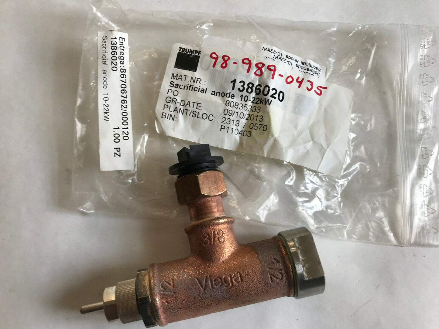 New Trumpf 1386020 Sacrificial Anode. 10-22Kw,Viega Dvgw Bii,Ce,1/2 Viega 3/8,Sd