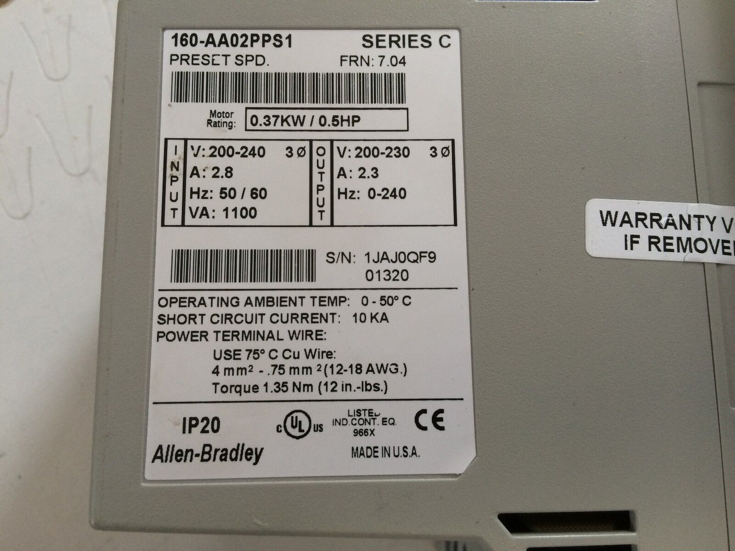 Allen Bradley Input 240V Output 2.3A Motor Rtg:.37Kw/.5Hp 160-Aa02pps1,Se