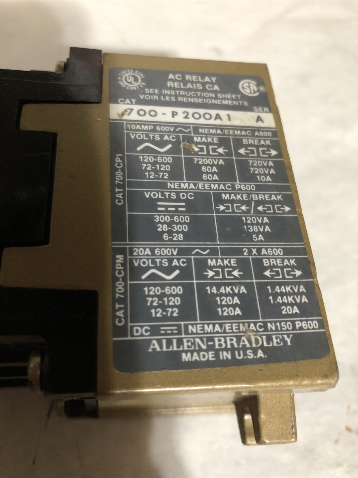 Allen Bradley 120V 700 Ak, 700-P200a1,110V Ac Control Relay,Bq