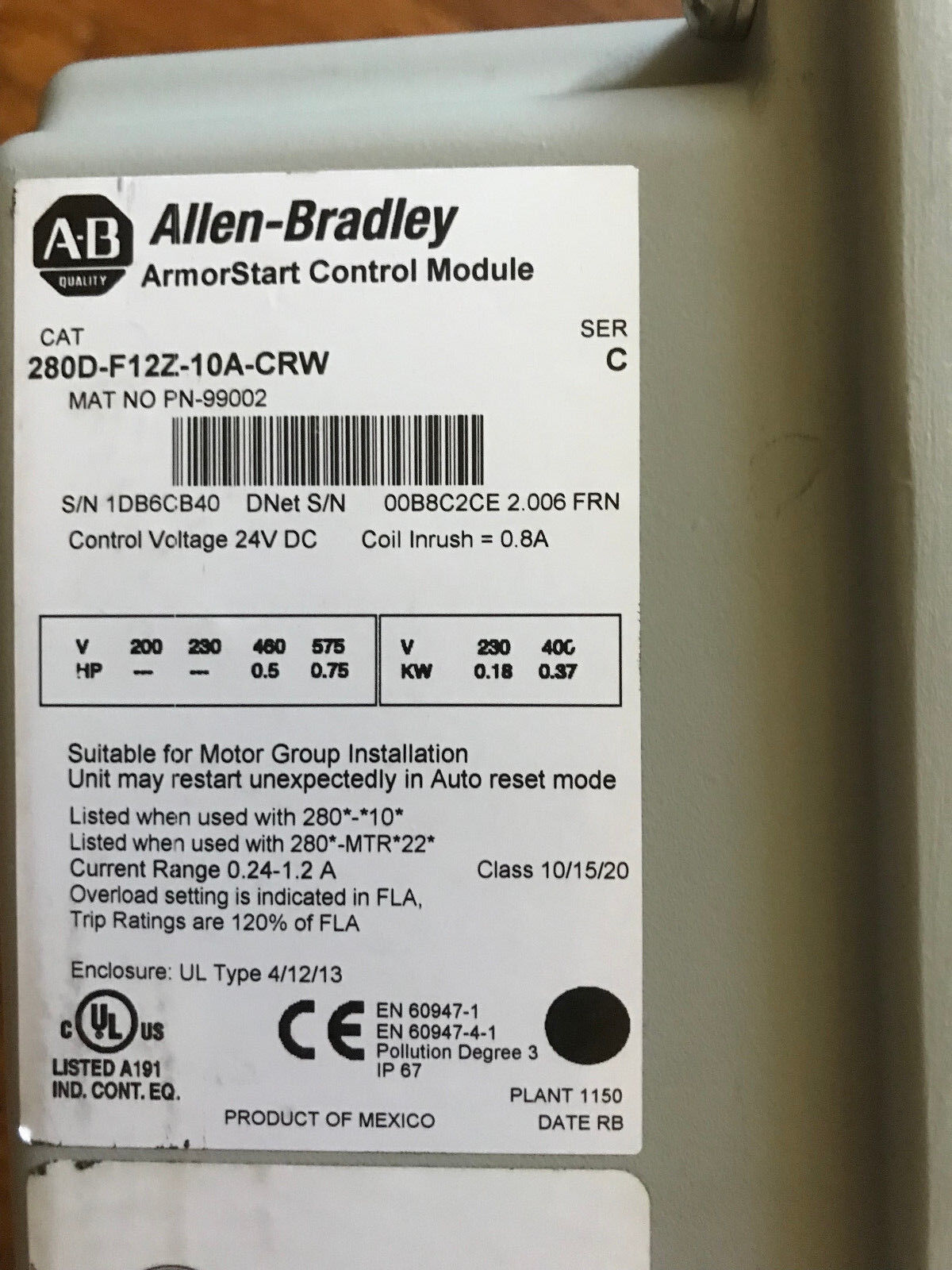 Allen Bradley 280D-F12z-10A-Crw Armorstart Control Module 280D-Fn-10-C W/Base,Ew