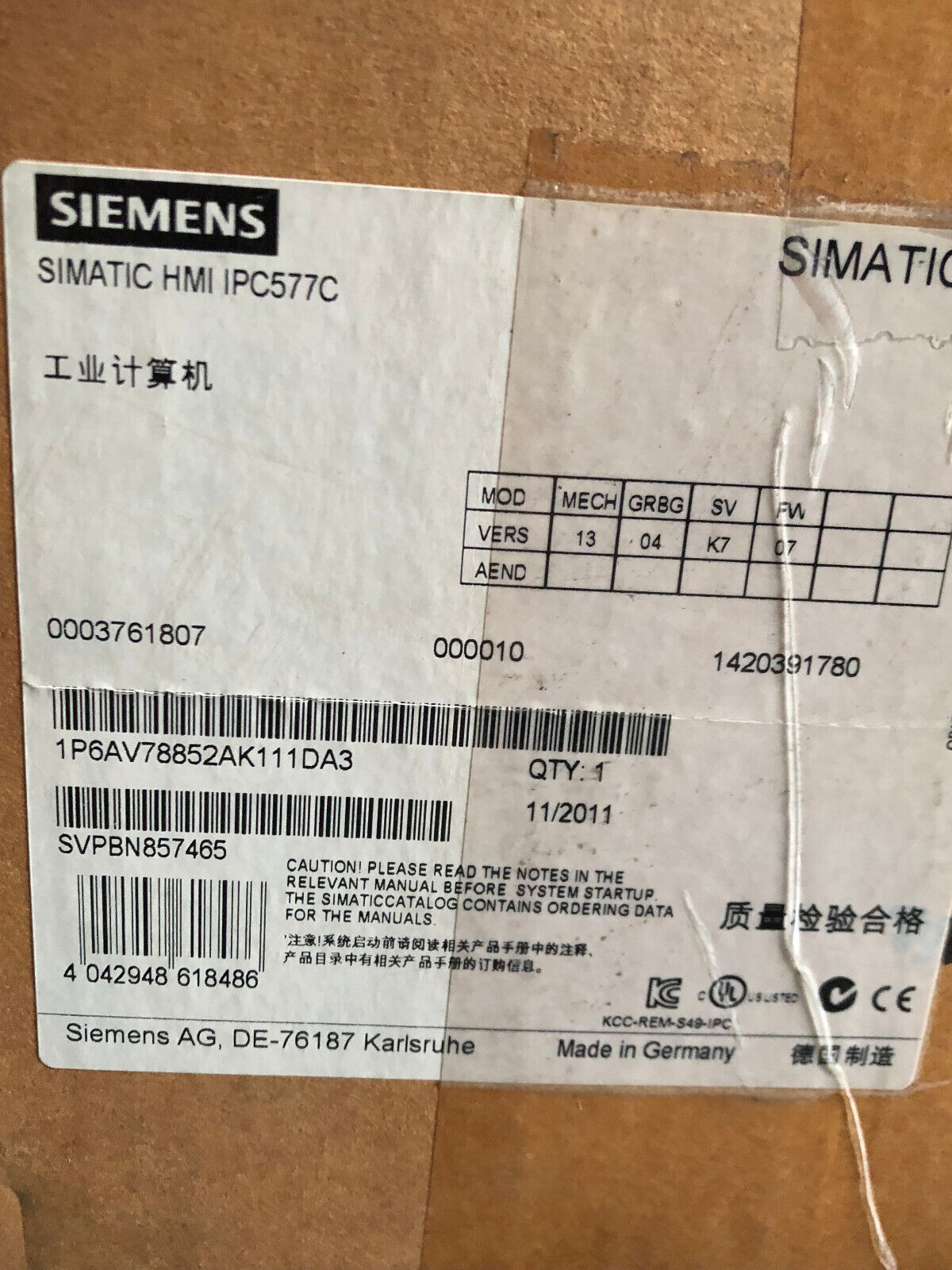 New Siemens 6Av7885-2Ak11-1Da3 Simatic Hmi Industrial Computer,Hmi Ipc577c,Ak