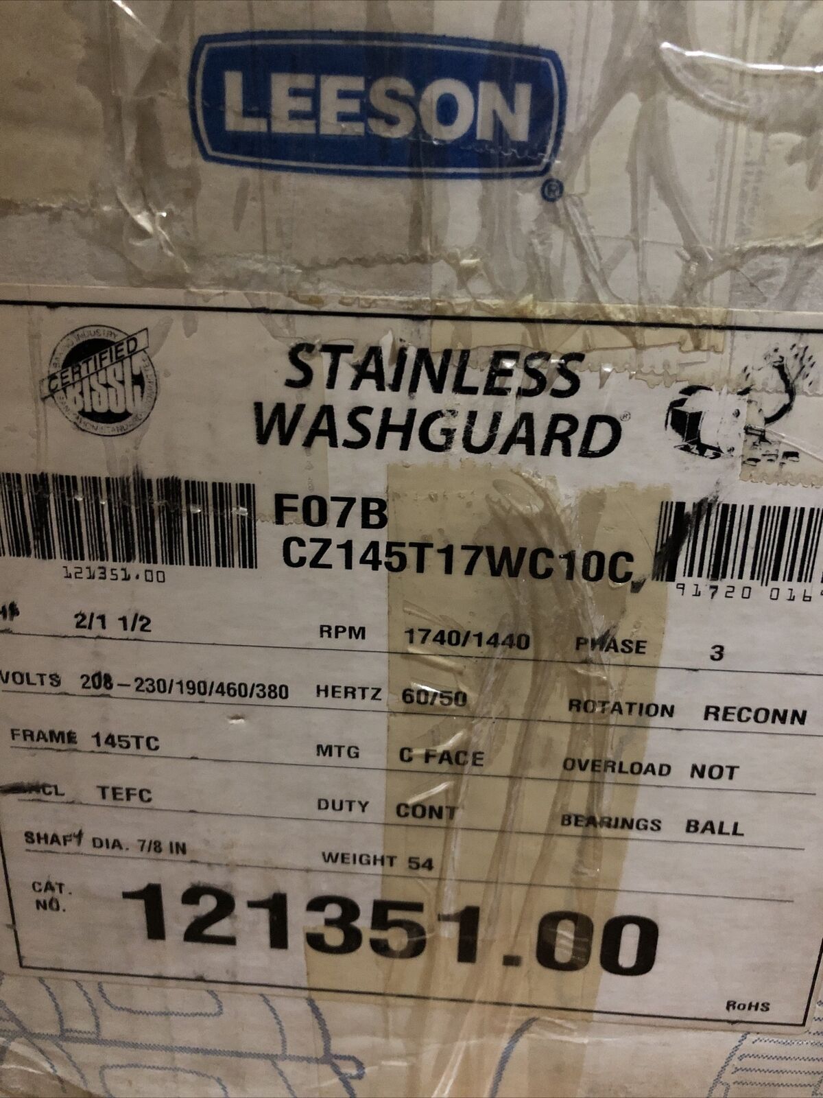 New Leeson Cz145t17wc10c Washguard Ii Regal 2Hp.1740Rpm.3Ph 121351.00. Ss,Bu