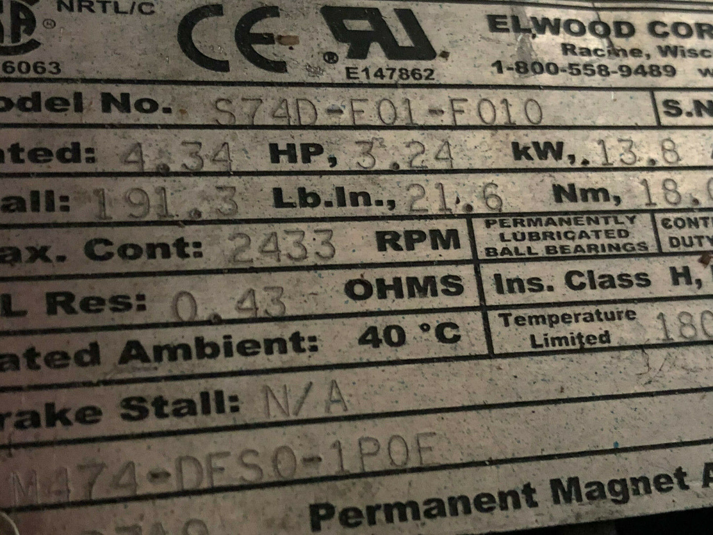 Elwood Gettys S74d-F01-F010 Ac Servo Motor,13.8A,230Vac,1800-Rpm,S74o-F01f010,Te