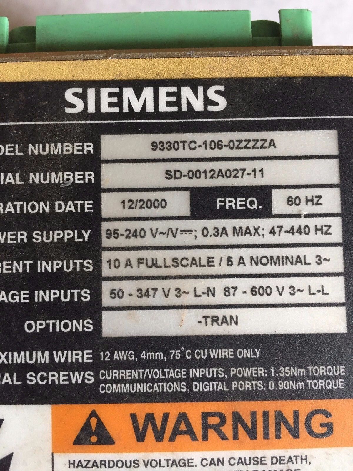 Siemens 9330Tc-106-0Zzzza Power Meter, 95-240 V, 9330Tc-106-Ozzzza ,Br
