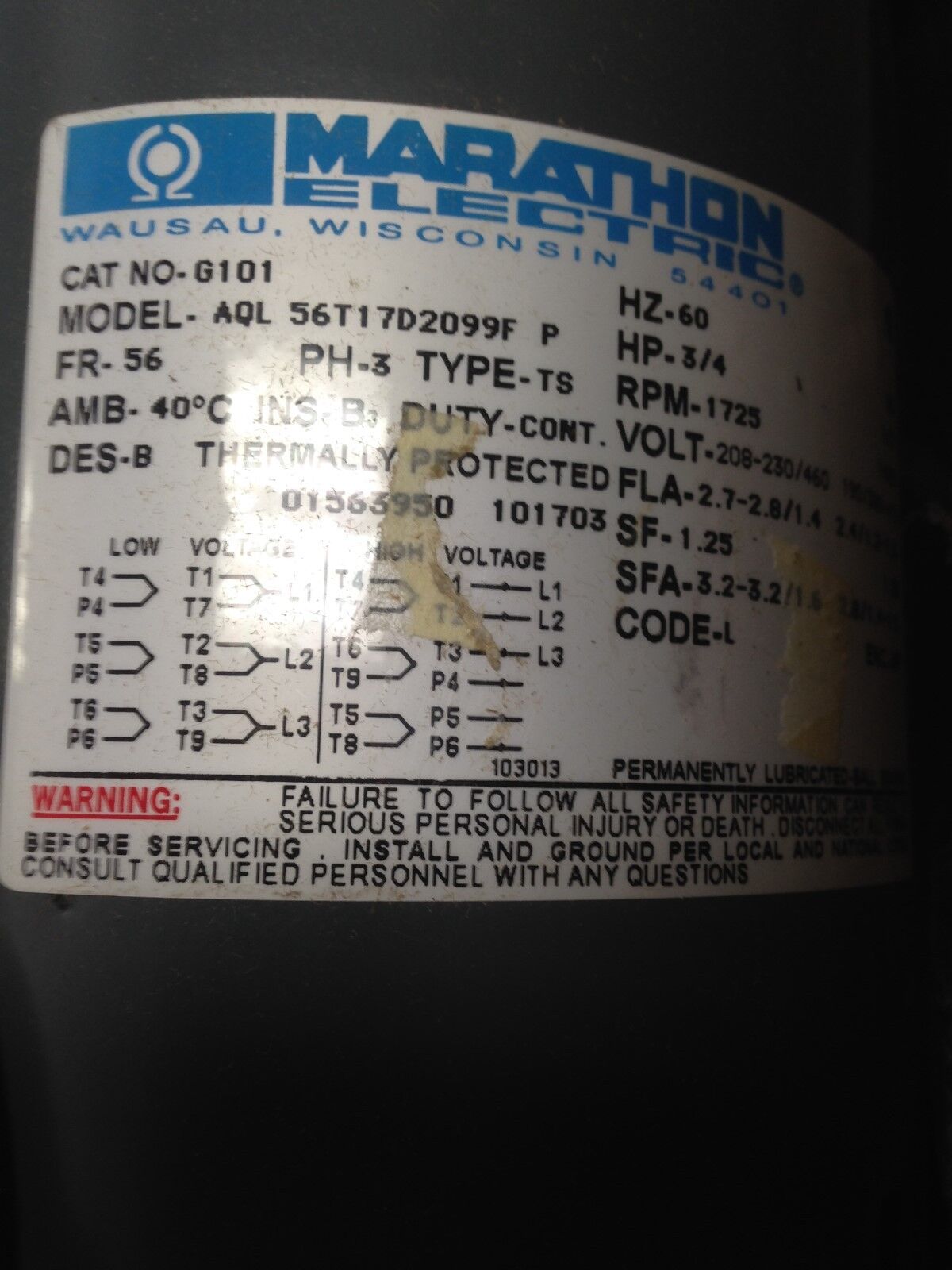 New Aql56t17d2099f P Marathon Electric Aql56t17d2099 Cat No-G101 3/4Hp,Ez