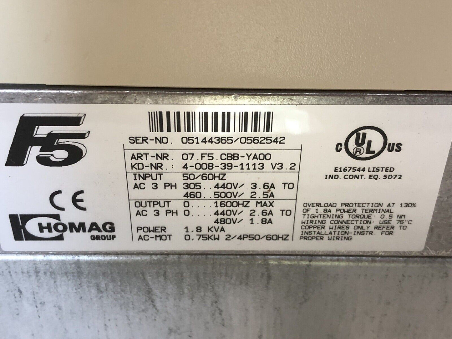 Keb 07.F5.Cbb-Yaoo,10.E5.T60-A071 Combivert 07.F5.Cbb-Ya00 Inverter,3Ph,Tj