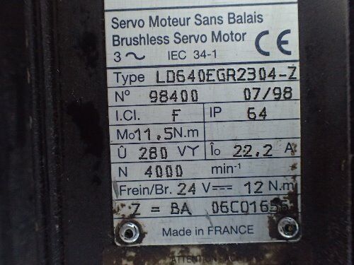 Parvex Ld640egr2304-Z Brushless Servo Motor 4000Rpm, 24V 22.2A,Td
