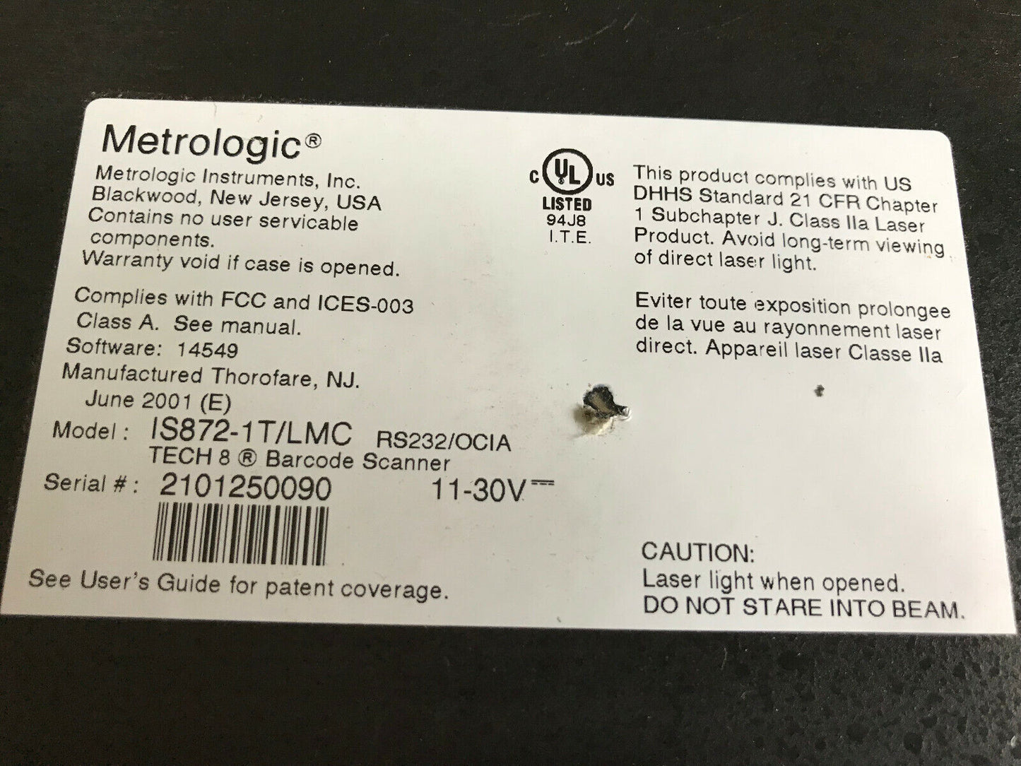 Metrologic Is872-1T/Lmc Bar Code Scanner. Tech 8 11-30V,Is872-1T,Sf