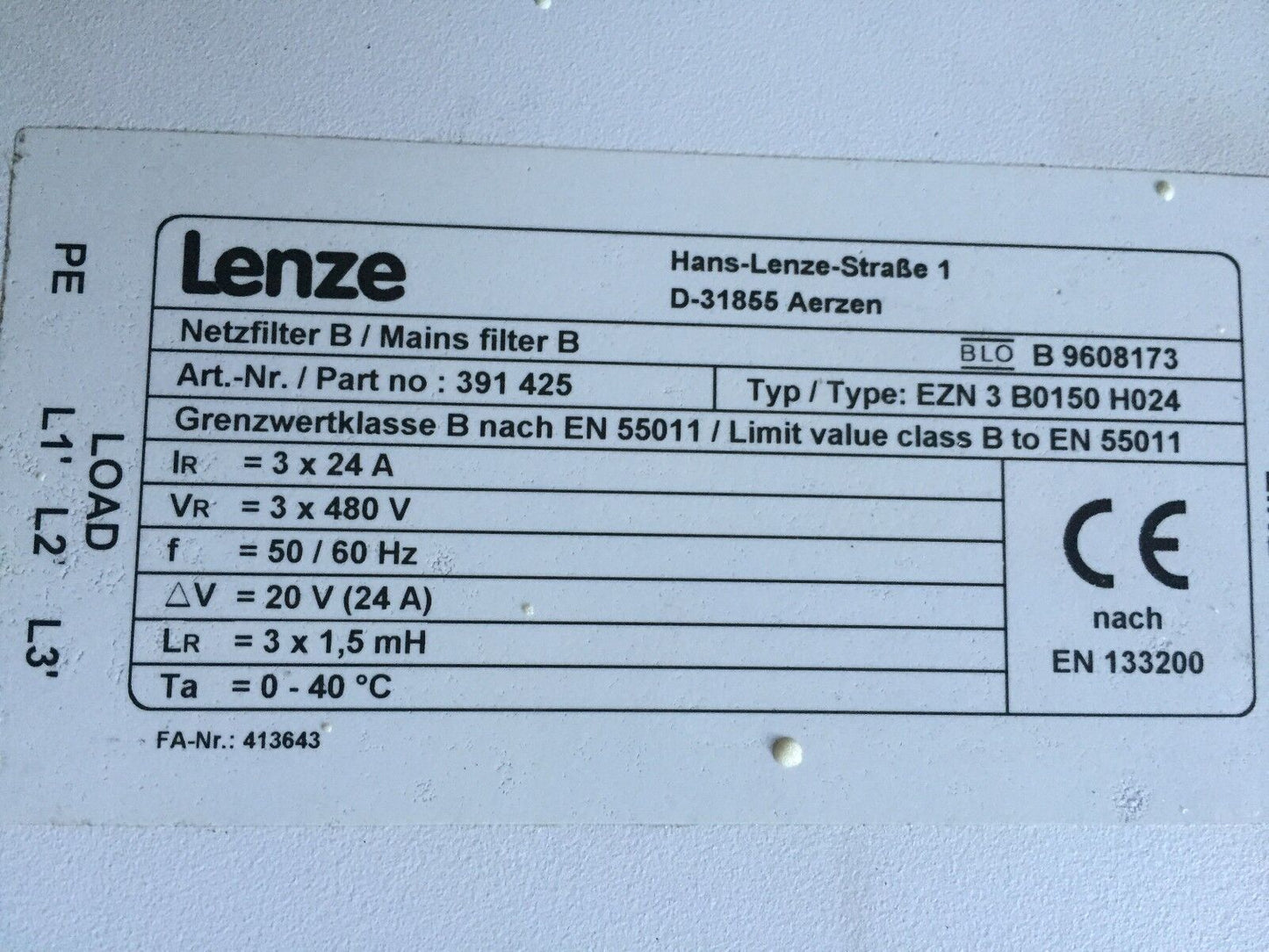 Lenze Ezn 3 B0150 H024,391 425,En 133200,D-31855 Aerzen Main Filter,Ap