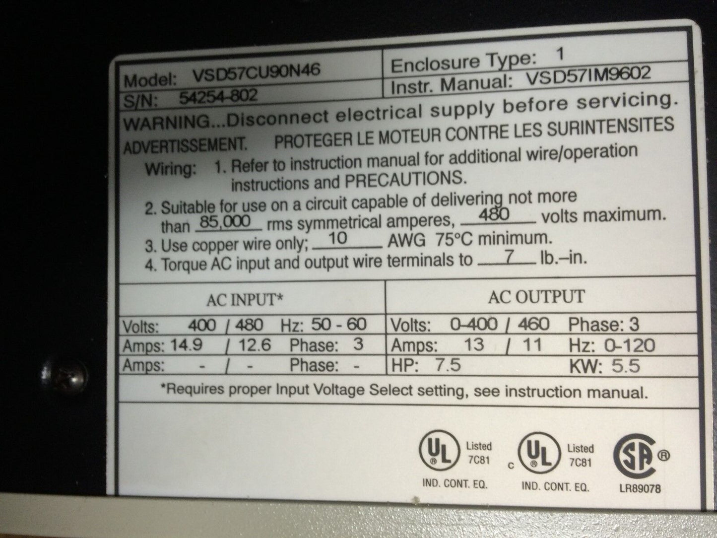 New Square D 480Vac 7.5 Hp Vfd Drive Vsd57cu90n46 3 Ph (Telemecanique) Vsd57,Dj