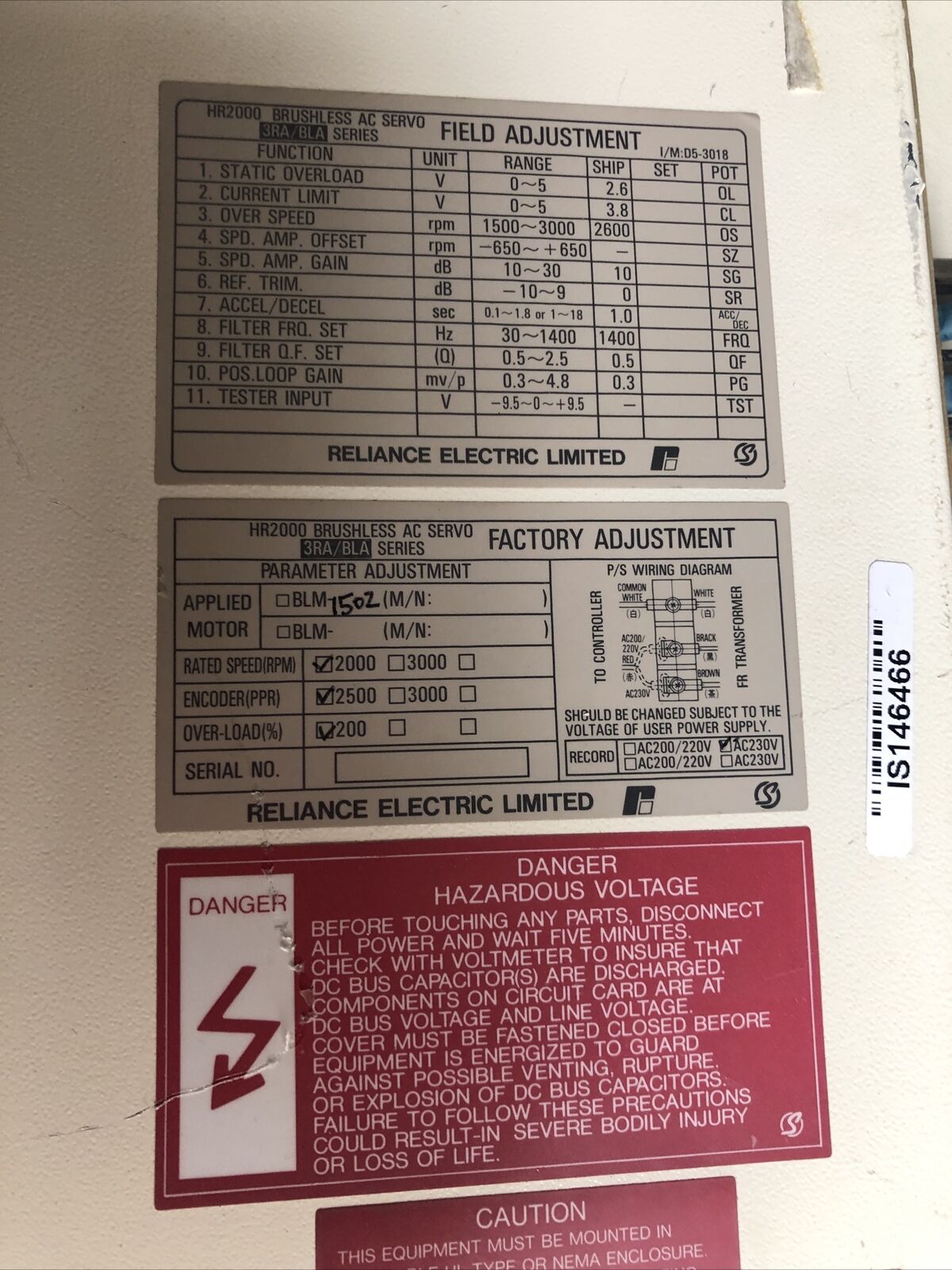 Reliance Electirc Hr2000/Bla-08,3Ra2002 Ac Servo Drive,Reliance Hr2000,180Vac,Fe