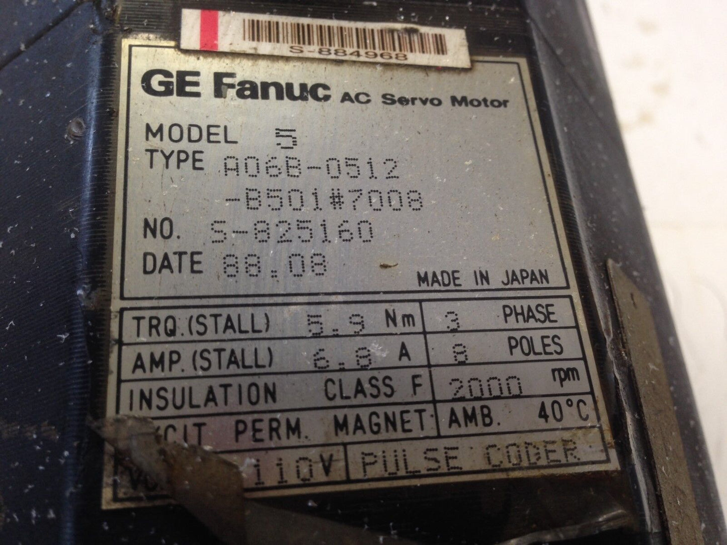 Ge Fanuc Model 5,A06b-0512-B501#7008 Ac Servo Motor, 3-Ph,110V,Rpm 2000,Th