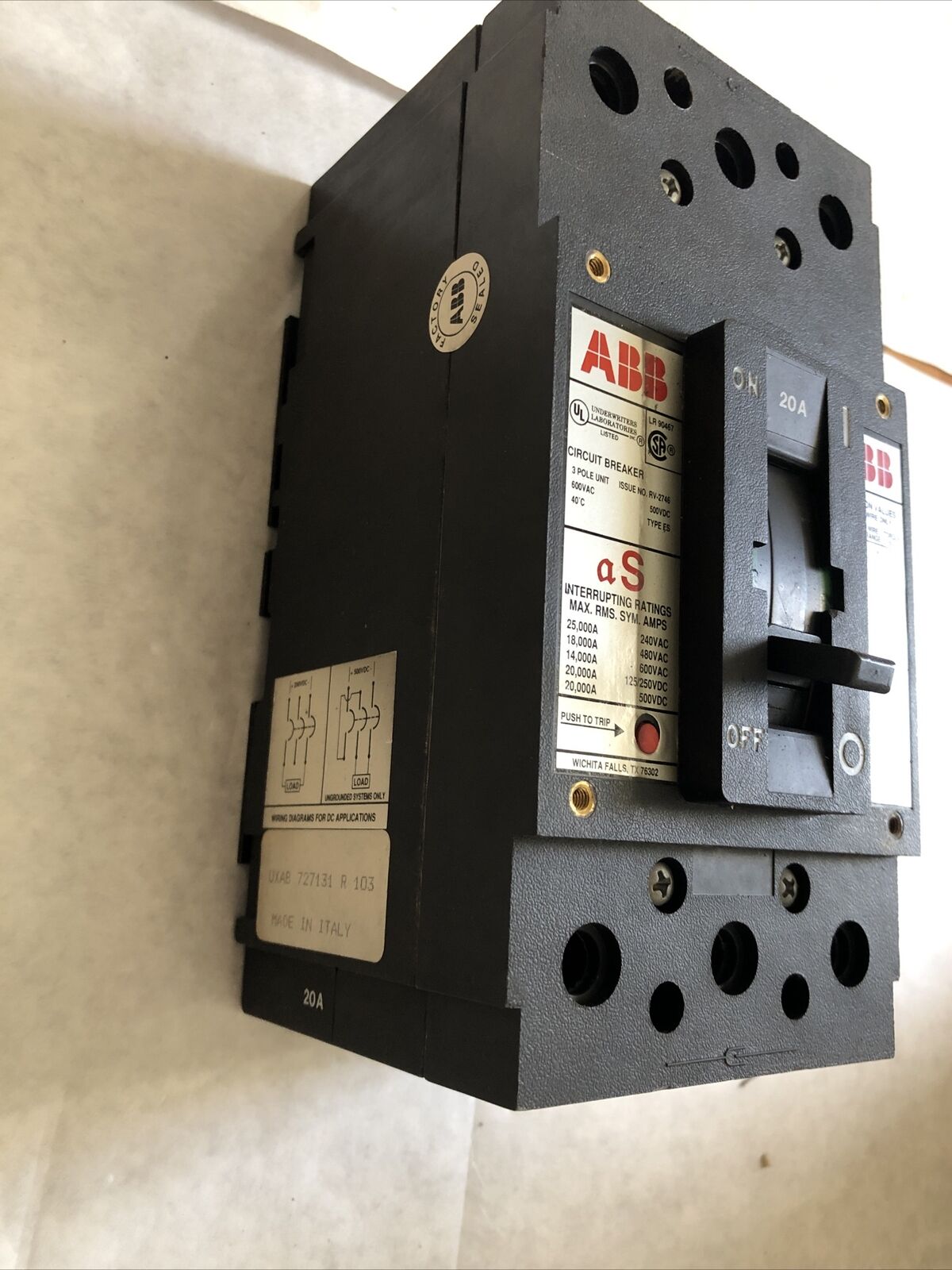 Abb Es,20A,Abb Mf726789,3P,As Lr90467 Cu7al,Uxab 727131 R 103 Circuit Breaker,Eb