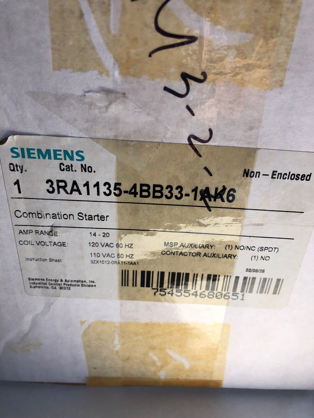 New Siemens 3Ra1135-4Bb33-1Ak6 Starter,Sirius,3Rt1033-1A.0,120 Vac,14 - 20A,Sg