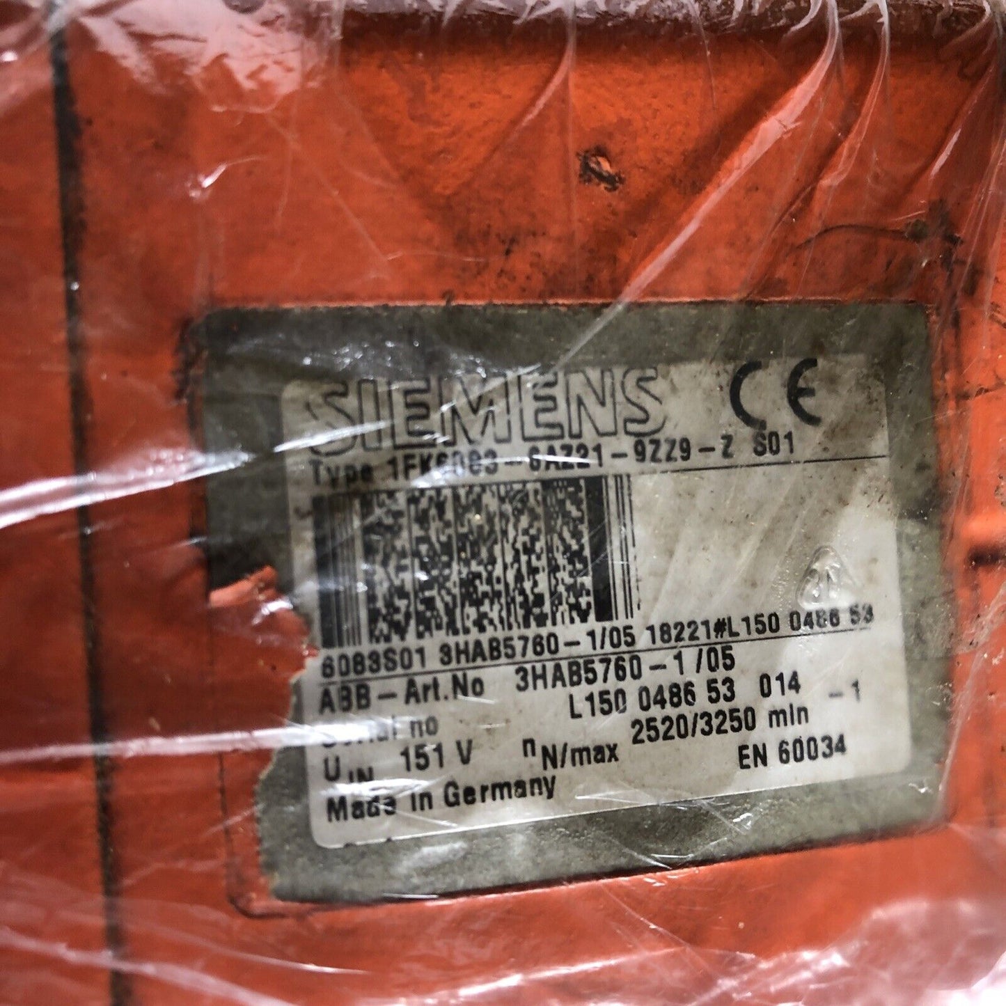 Siemens 1Fk6083-6Az21-9Zz9-Z S01, Abb 3Hab5760-1/05,115V Servo Motor,Bp