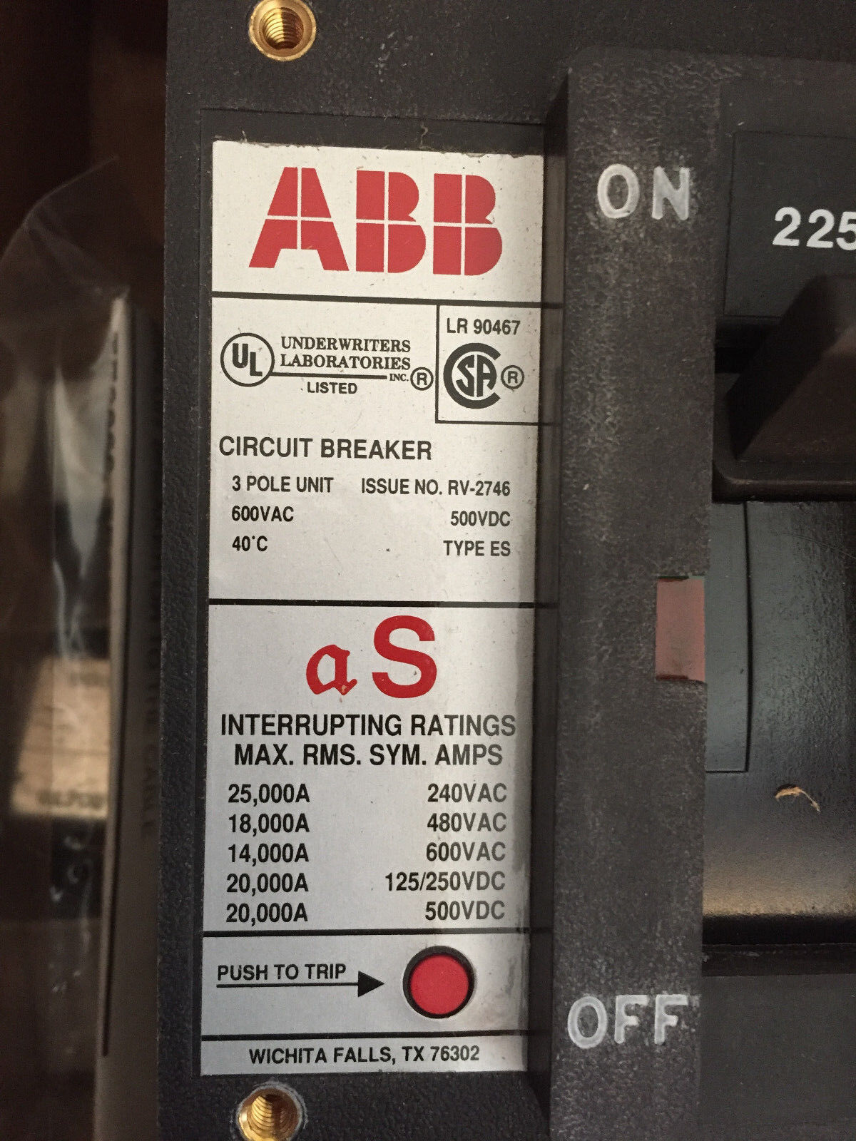 New Abb Tf2225,Es,Abb 225A,Abb Ehb63225l,Cu7al Circuit Breaker 3Pole 600V,Cz