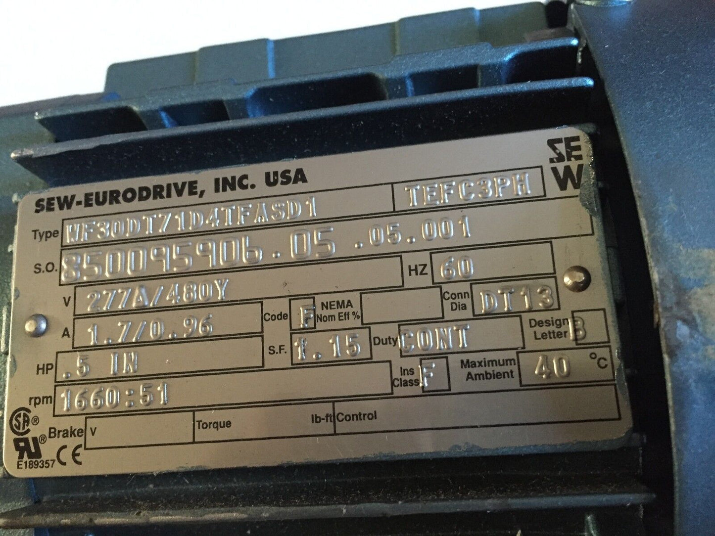 New Sew-Eurodrive Wf30dt71d4tfasd1,Tefc3ph Motor, .5Hp,1660:51Rpm 277/480V,Br