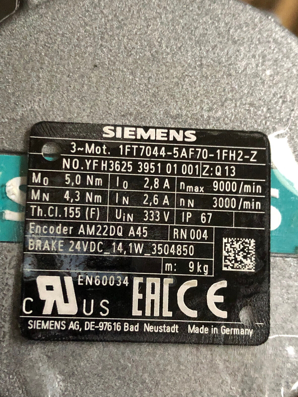 New Siemens 1Ft7044-5Af70-1Fh2-Z Motor,Yfh3625 3951 01 001,3Ph,Bj