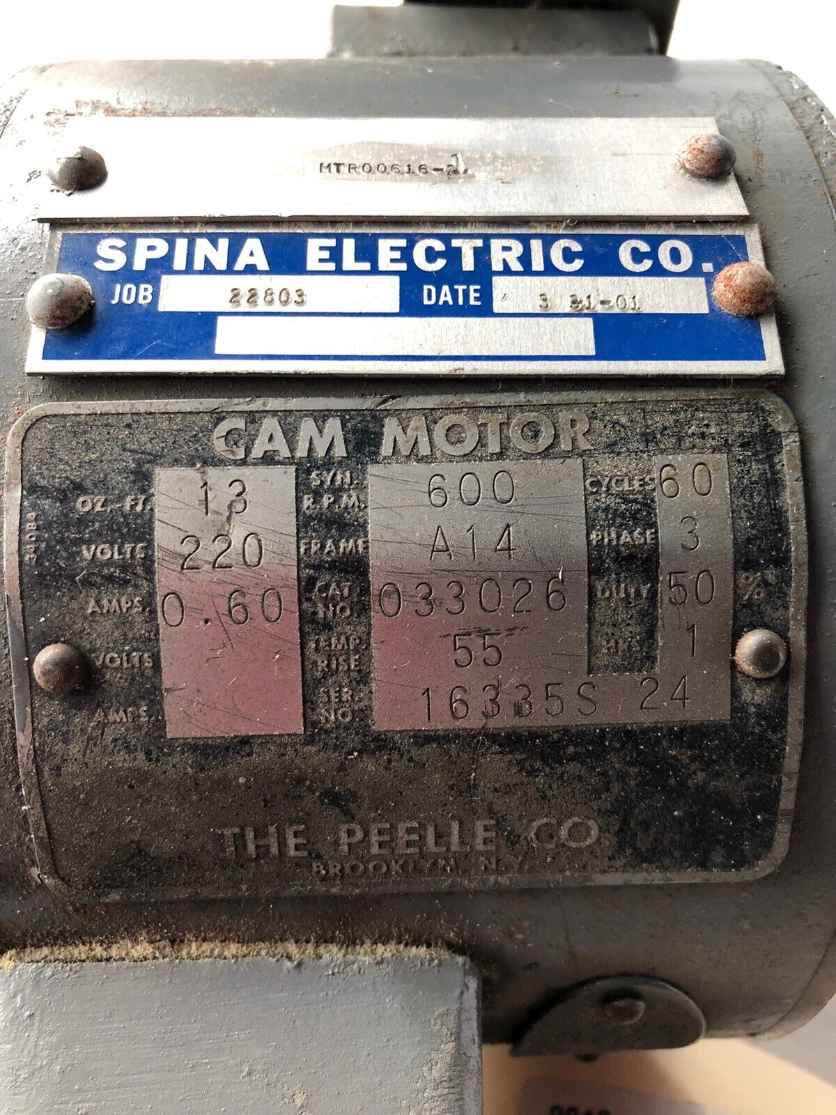 Spina 22803,Mtr00616-1, Spina Mtr00616-2,Peelle 033026 Cam Motor,220Vac,3Ph,Eg