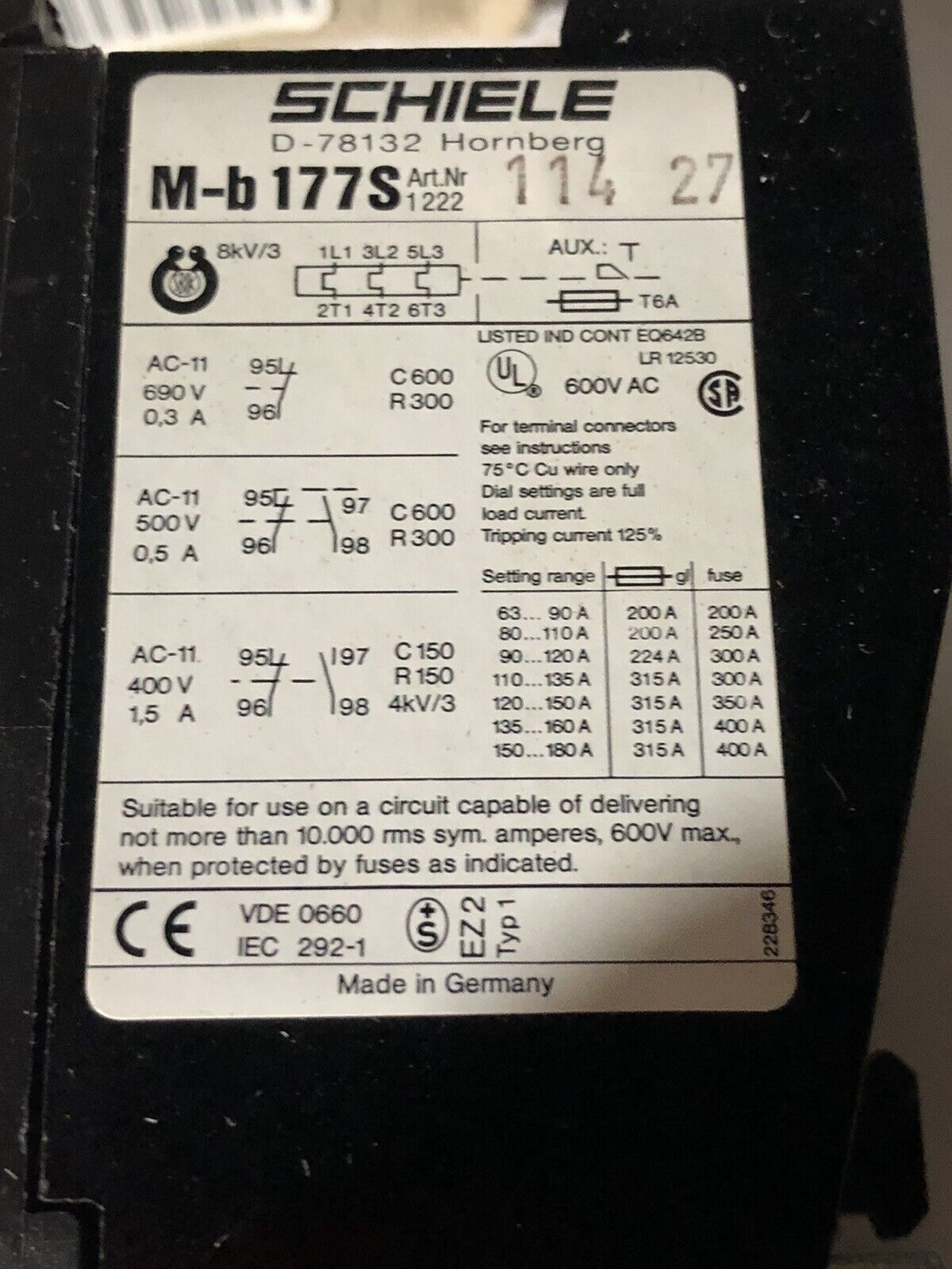 Schiele M-B177s Thermal Overload Relay,150-180 Amps,1222 114 27 D-78132 315A,To