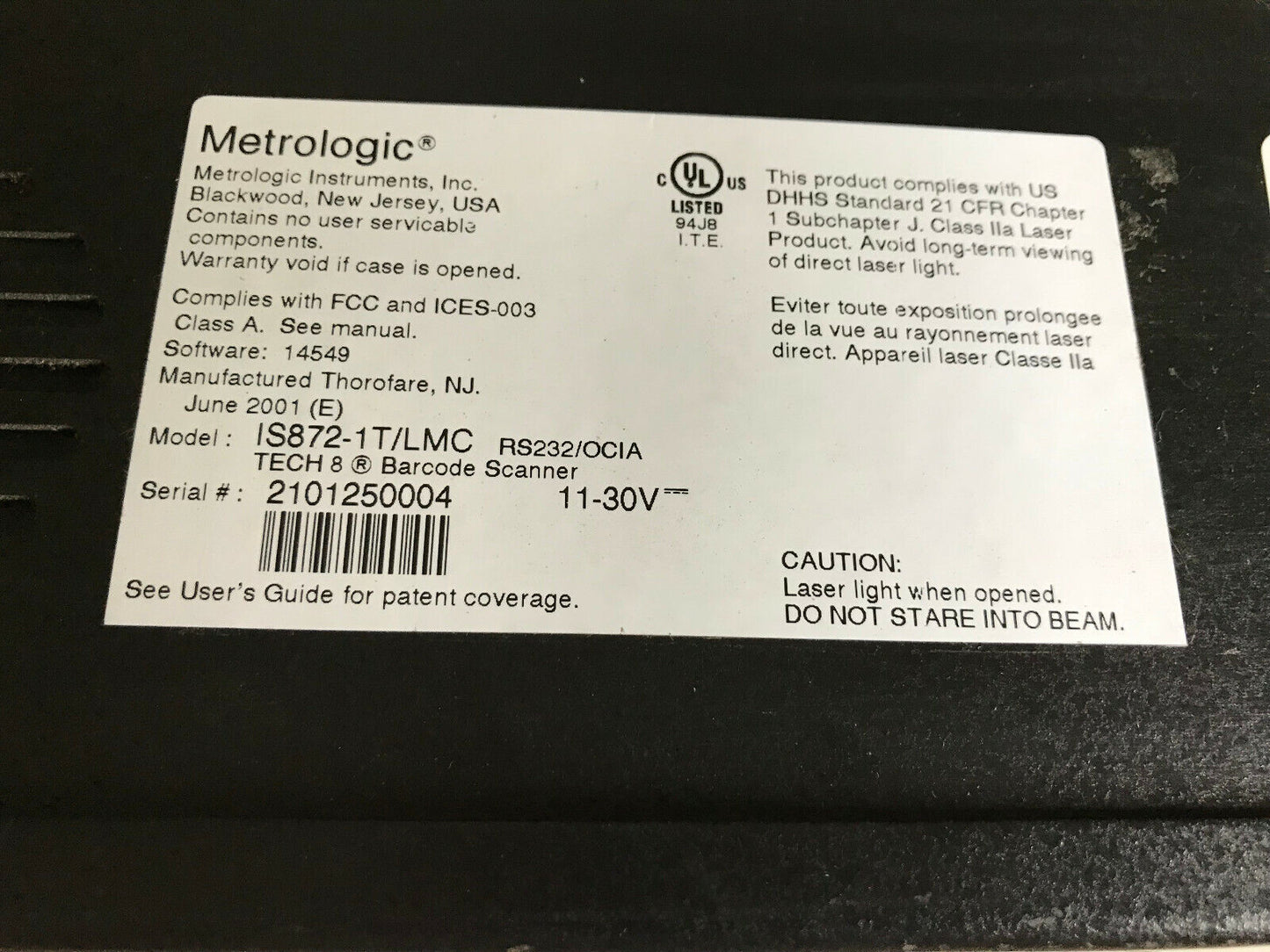 Metrologic Is872-1T/Lmc Bar Code Scanner. Tech 8 11-30V,Is872-1T,Sf