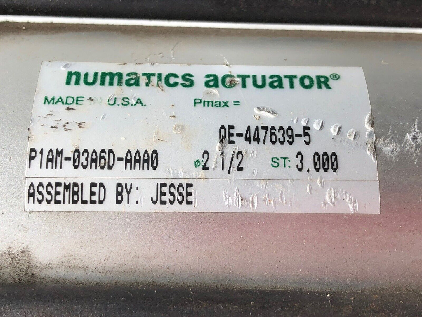 Numatics Actuator P1am-03A6d-Aaao Cylinder Qe-447639-5,P1am-03A6d-Aaa0,3.000,Eg