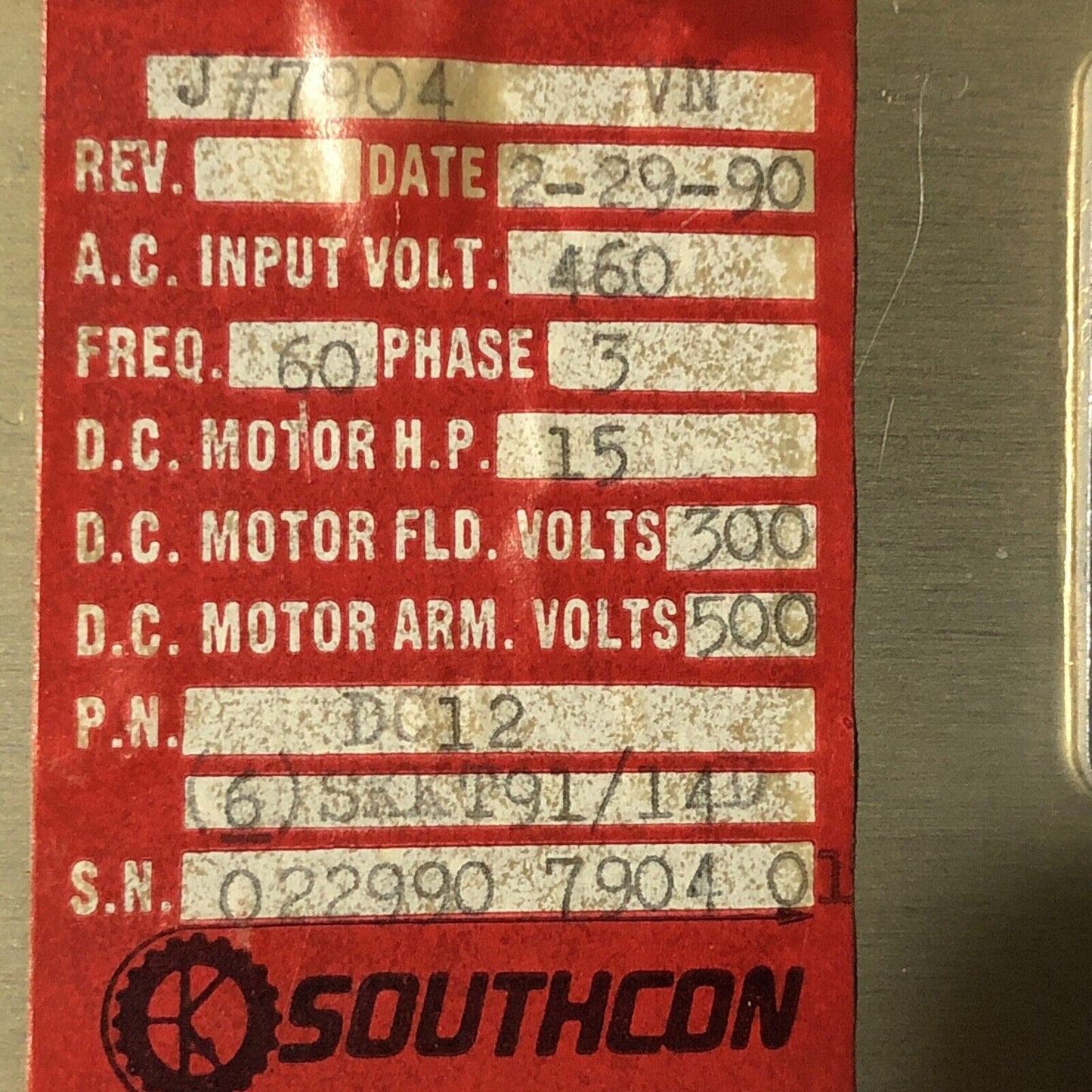 Southcon Dc12 Dc Drive,15 Hp,3-Phase,460V,7904 (6)Skkt91/14D,Dc12-2,J#7904 Vn,Bo