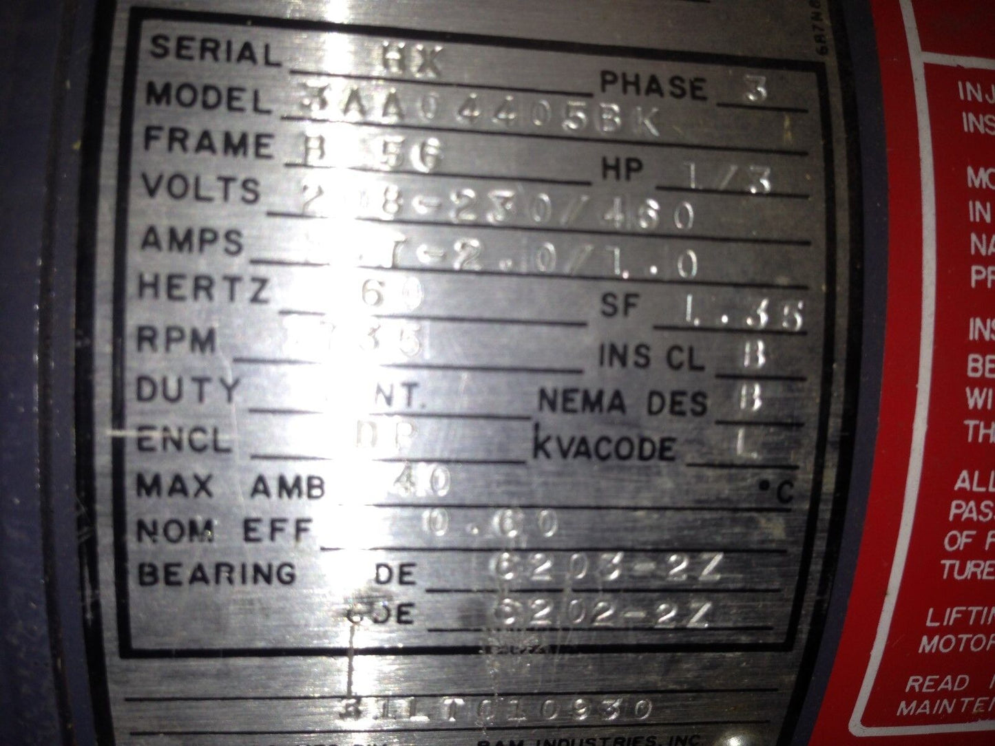 New 3Aa04405bk Calco Motors Motor Ac 1735Rpm 3Phase Xb56/Ca 1/3Hp,B 56,208V,Eg