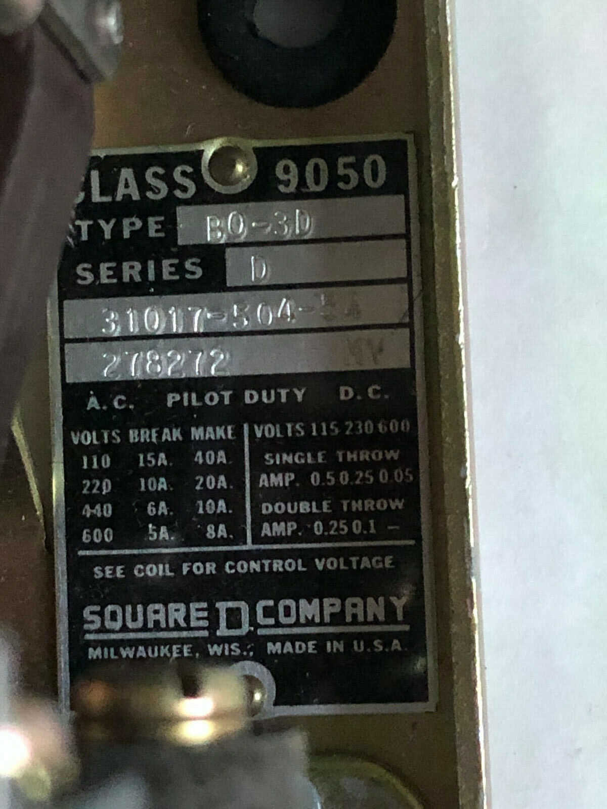 Square-D,Bo-3D, 9050 B0-3D Ac Pneumatic Relay,120 Vac,Class 9007,Type Bo-3,Bg