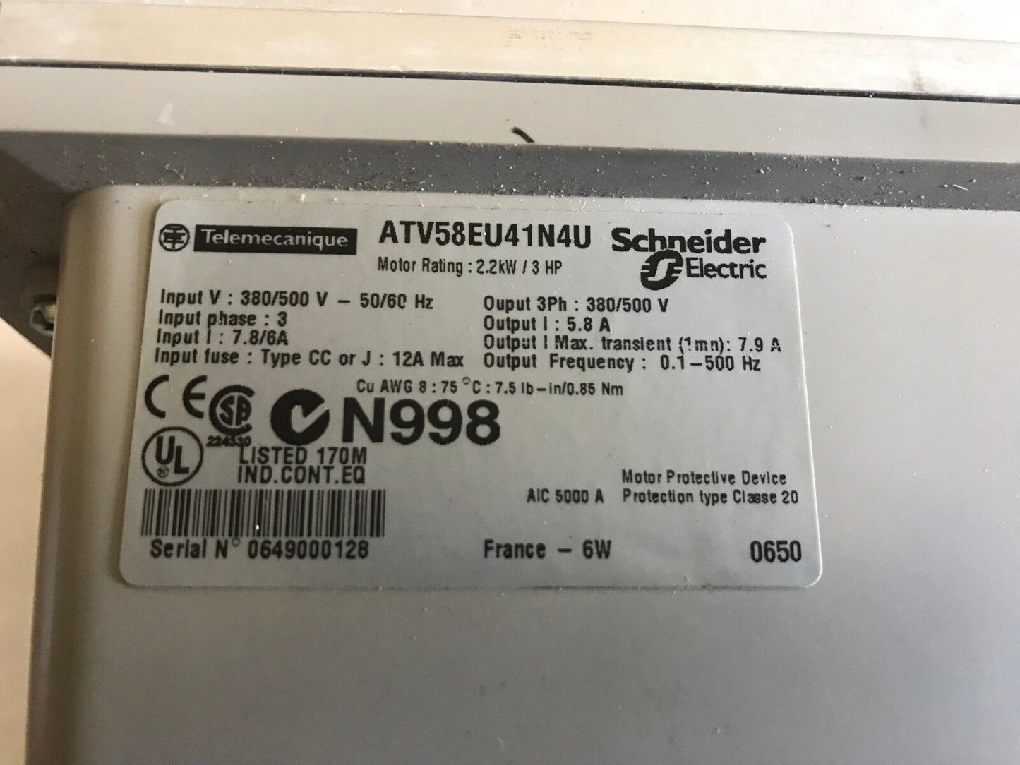 New Telemecanique Atv58eu41n4u,Altivar 58 Ac Drive,3 Hp,3-Phase N998 Square D,Ah