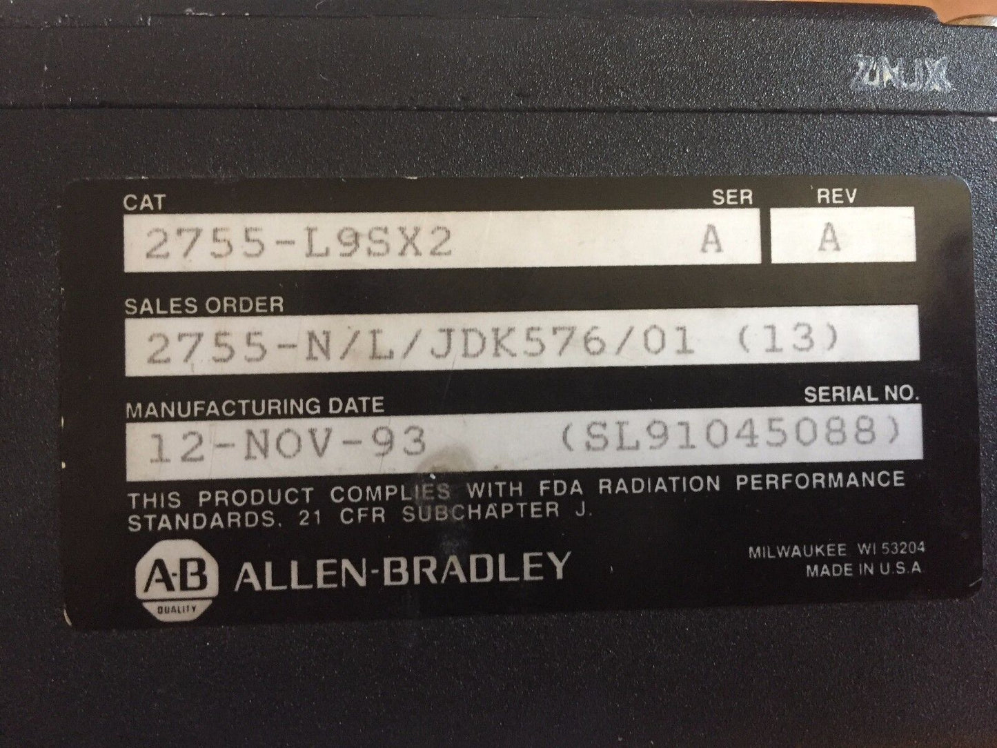 Allen Bradley 2755-L9sx2,2755-N/L/Jdk576/01 (13),L9, Bar Code Reader,Cv