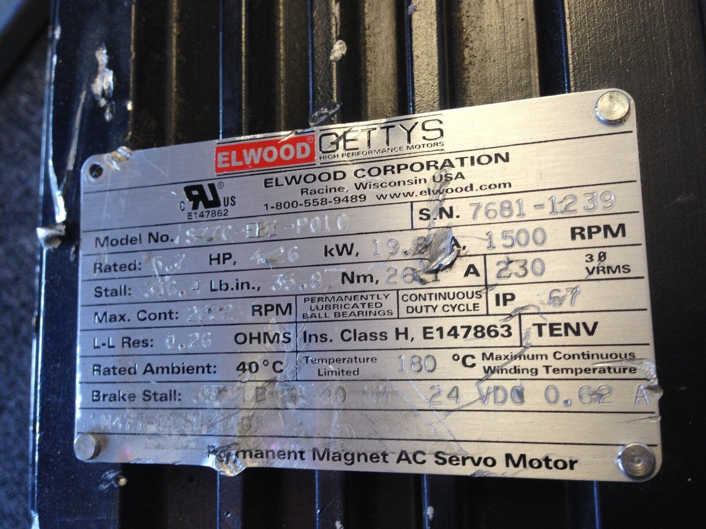 Elwood Gettys S77c-Eb1-P010 Permanent Magnet Ac Servo Motor,5.7Hp,M477,Av