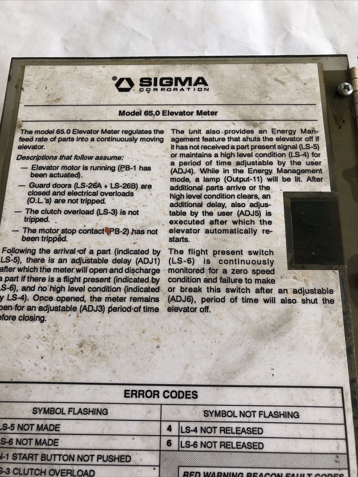 Sigma 65.0 Elevator Meter,110Vac,60Hz,1-Phase A-21 506-200,507-200 Main,Dg