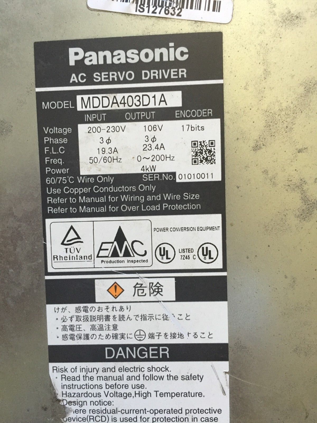 Panasonic Mdda403d1a Ac Servo Driver 200-230V Input,113 Output,4Kw,Bi