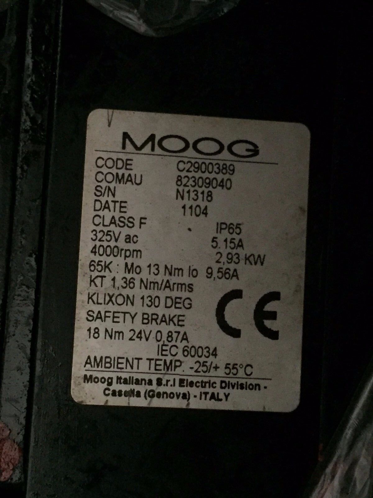 Moog C2900389 Ac Servo Motor,Comau 82309040, 325Vac,Rpm 4000,Ap